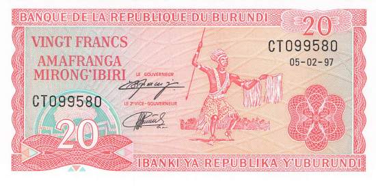 Burundi p27d 20 Francs 1997